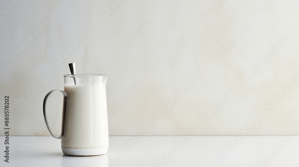 Milk in a Glass Pitcher on a White Surface - A glass pitcher filled with milk stands on a white surface against a white background. A silver spoon rests on the rim of the pitcher.