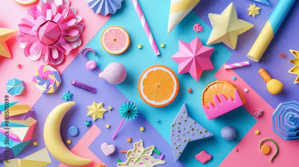 Fototapeta premium Colorful 3D Paper Crafts - A colorful and creative flatlay featuring 3D paper crafts in various geometric shapes, creating a vibrant and playful design.