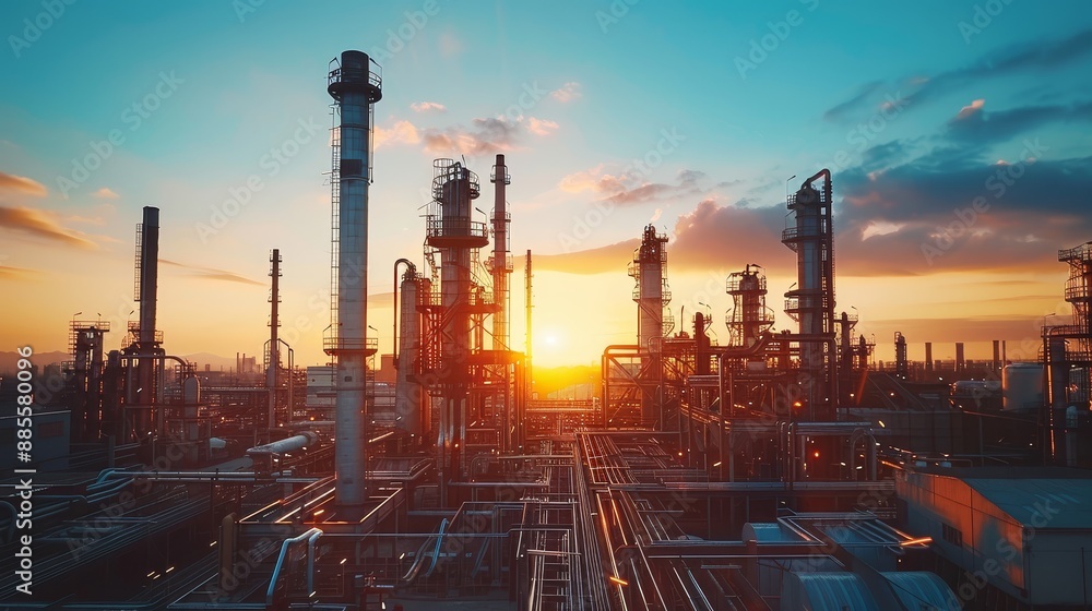 Industrial Sunset: A Dramatic Silhouette of an Oil Refinery - Silhouetted against a vibrant sunset, an oil refinery stands as a testament to industrial might and the complex machinery of modern societ Industrial Sunset: A Dramatic Silhouette of an Oil Refinery - Silhouetted against a vibrant sunset, an oil refinery stands as a testament to industrial might and the complex machinery of modern societ
