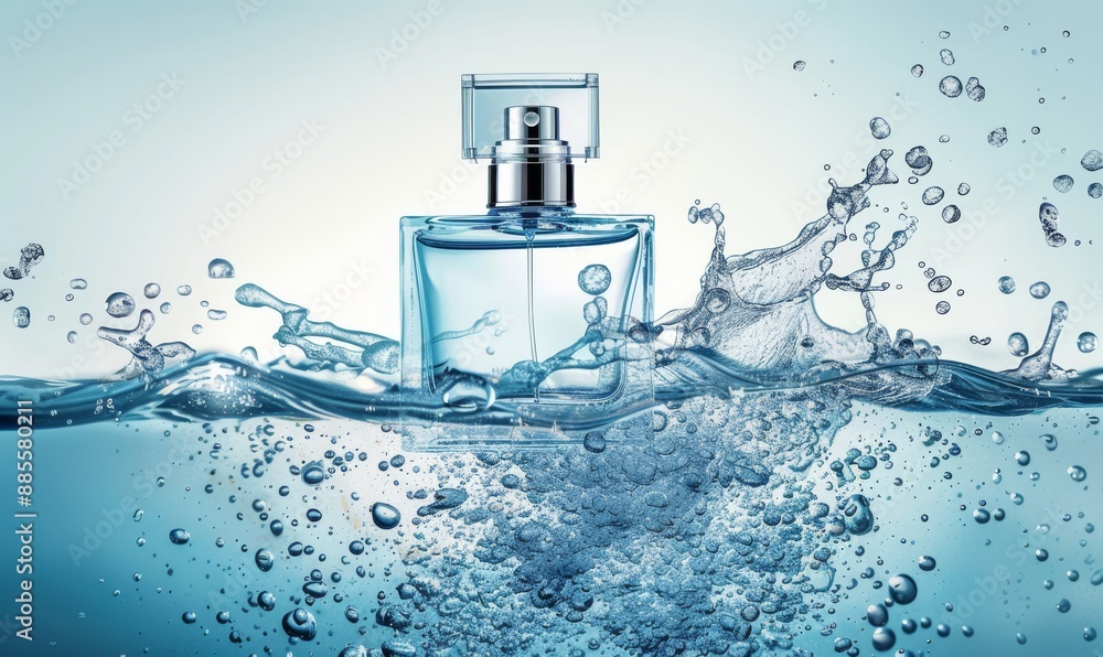 bottle of perfume with water splashing around it on light blue and white background, featuring a glass bottle with silver details, fresh atmosphere for beauty product marketing bottle of perfume with water splashing around it on light blue and white background, featuring a glass bottle with silver details, fresh atmosphere for beauty product marketing