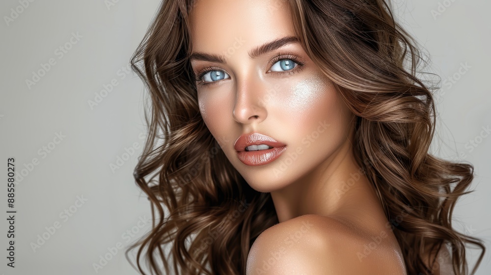 Beauty portrait of model with natural make-up. Fashion shiny highlighter on skin sexy gloss lips make-up Beauty portrait of model with natural make-up. Fashion shiny highlighter on skin sexy gloss lips make-up