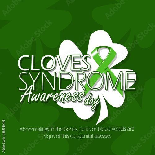 Cloves Syndrome Awareness Day event health banner. Green campaign ribbon with clover leaves and bold text on dark green background to commemorate on August 3rd