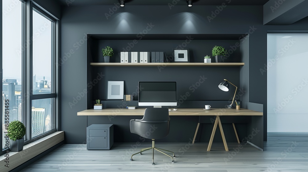Contemporary office room interior with computer