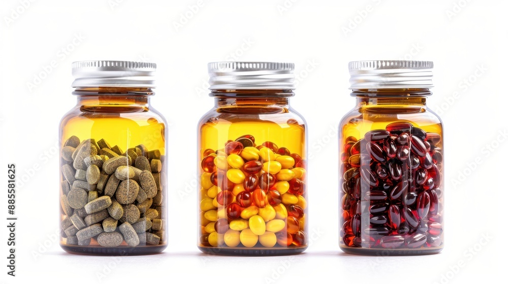 Nutritional supplements bottles, essential for dancers' health and performance. Isolate white background Nutritional supplements bottles, essential for dancers' health and performance. Isolate white background