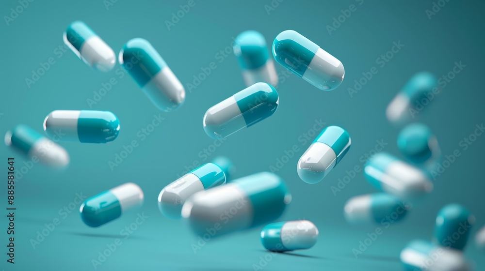 A group of antibiotic pill capsules falling. Healthcare and medical 3D illustration background. A group of antibiotic pill capsules falling. Healthcare and medical 3D illustration background.