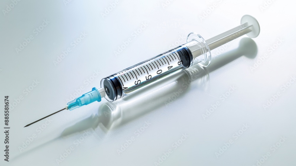 A syringe filled with a clear liquid, with the needle cap on, lying on a clean white surface. Isolate white background A syringe filled with a clear liquid, with the needle cap on, lying on a clean white surface. Isolate white background