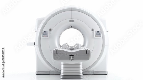 An MRI machine viewed from the front, with its circular opening clearly visible, against a white background. Isolate white background