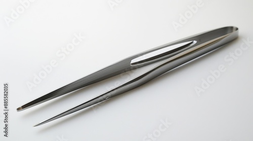 A pair of tweezers laid flat on a clean white surface, with tips facing forward. Isolate white background