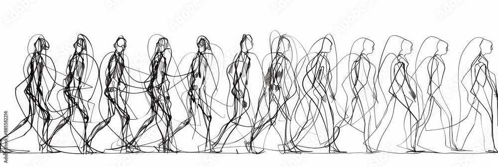 © Nima - Line Drawing of Walking Figures - A black and white line drawing showcasing a series of walking figures, capturing the motion of movement in a dynamic abstract style.