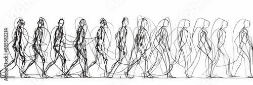 Line Drawing of Walking Figures - A black and white line drawing showcasing a series of walking figures, capturing the motion of movement in a dynamic abstract style.