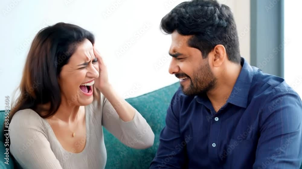 Woman Talking on Phone While Laughing With Husband Generative AI Woman Talking on Phone While Laughing With Husband Generative AI