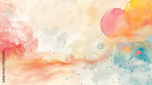 Abstract Watercolor Painting with Colorful Spheres - An abstract watercolor painting featuring colorful spheres and splashes on a light background. The painting is a modern and dynamic work of art, re