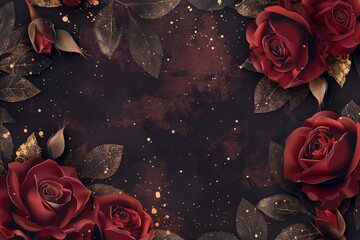 Elegant gold and burgundy floral frame with roses and leaves on dark background