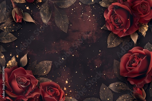 Fototapeta Naklejka Na Ścianę i Meble -  Elegant gold and burgundy floral frame with roses and leaves on dark background