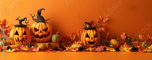 Halloween podium with pumpkin lanterns and autumn leaves, Halloween product podium, festive and seasonal photo