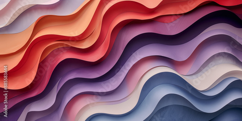 Abstract wavy background, gradient of colors in red, purple, blue and peach, layered paper effect.