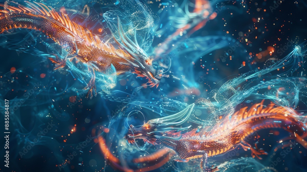 Futuristic image featuring flying dragons on a dark blue canvas. Showcasing the fusion of technology and art, it serves as a backdrop for AI, neural networks, and big data concepts. Futuristic image featuring flying dragons on a dark blue canvas. Showcasing the fusion of technology and art, it serves as a backdrop for AI, neural networks, and big data concepts.