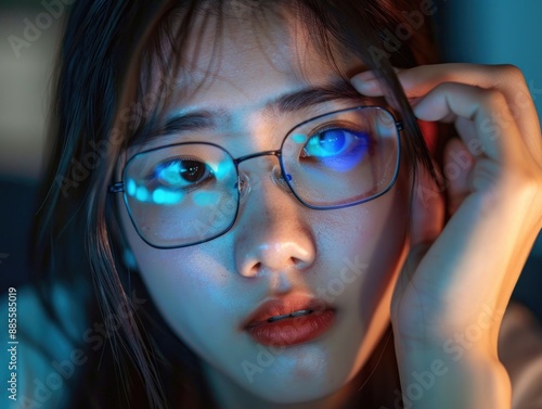 A woman wearing glasses looks straight into the camera lens, a straightforward and informative image