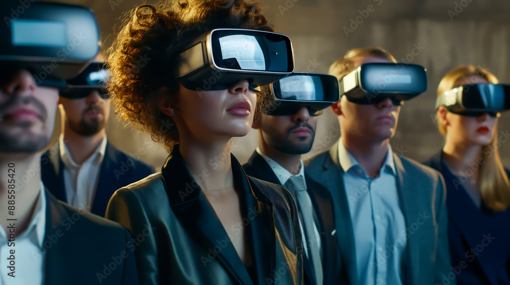 Group of businesspeople wearing VR glasses while working. VR technology in the business world and its potential to enhance productivity, creativity, and collaboration in diverse Group of businesspeople wearing VR glasses while working. VR technology in the business world and its potential to enhance productivity, creativity, and collaboration in diverse