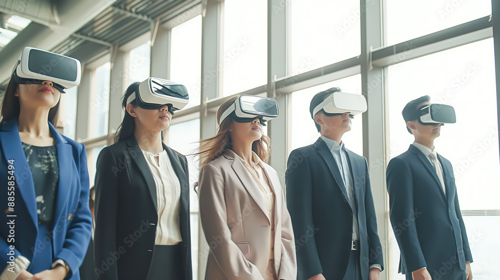 Group of businesspeople wearing VR glasses while working. VR technology in the business world and its potential to enhance productivity, creativity, and collaboration in diverse Group of businesspeople wearing VR glasses while working. VR technology in the business world and its potential to enhance productivity, creativity, and collaboration in diverse