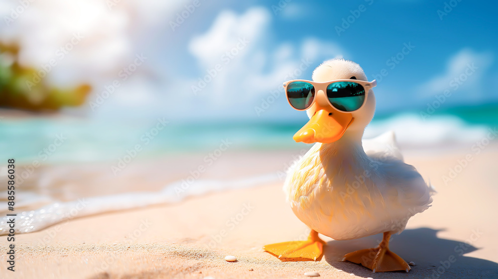 Funny duck with sunglasses on a sunny beach Funny duck with sunglasses on a sunny beach