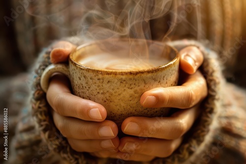 aromatic moment closeup of hands cradling steaming coffee mug rich brown tones cozy atmosphere