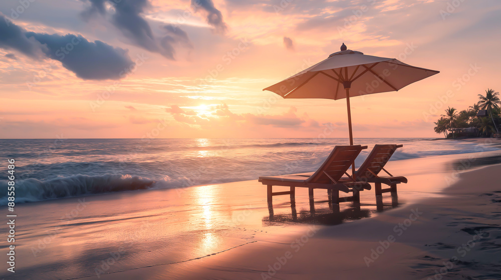 Calming of beautiful beach scene during sunset, Waves lapping at the shore, Chairs and umbrella in palm beach, Tropical holiday Calming of beautiful beach scene during sunset, Waves lapping at the shore, Chairs and umbrella in palm beach, Tropical holiday