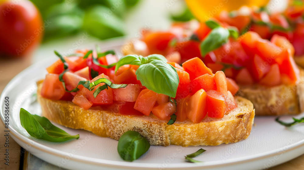 Close-up to a tasty bruschetta with tomatoes and basil on white plate Close-up to a tasty bruschetta with tomatoes and basil on white plate