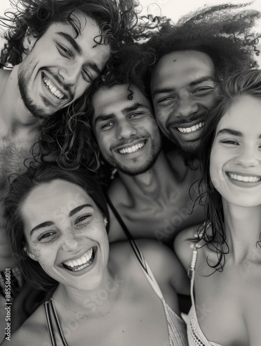 A group of people smiling and posing together for a photo shoot