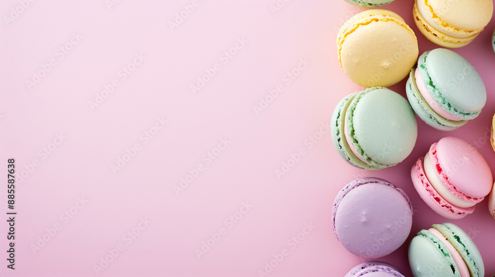 Obraz premium A close-up of various sweet colorful macarons stacked together on pink background