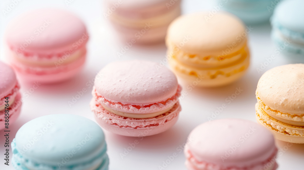 A close-up of various sweet colorful macarons stacked together on white background A close-up of various sweet colorful macarons stacked together on white background