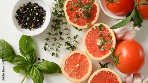 Fresh Ingredients: Tomatoes, Grapefruit, Herbs, and Spices on a White Background