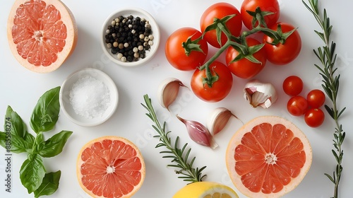 Fresh Ingredients: Tomatoes, Grapefruit, Herbs, and Spices on a White Background