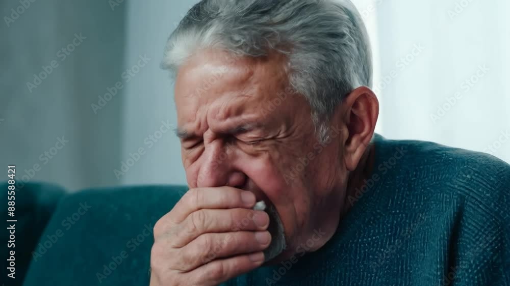 Elderly Man Coughing on Couch Generative AI