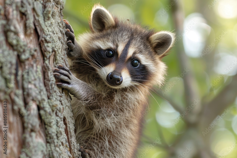 Fototapeta premium Baby Raccoon: A mischievous baby raccoon, climbing a tree in the backyard. 