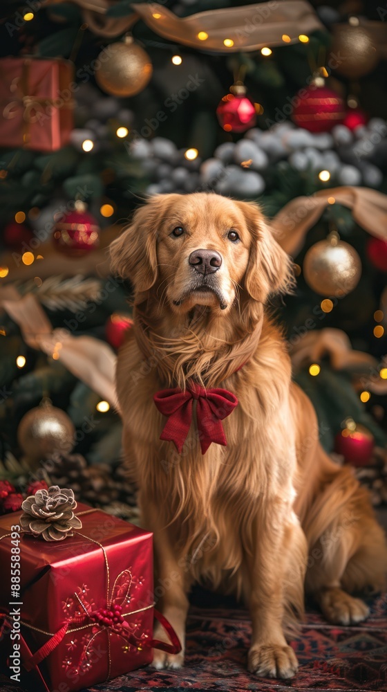 Golden retriever with red bow sitting by Christmas tree and presents, festive holiday decor with lights and ornaments. Golden retriever with red bow sitting by Christmas tree and presents, festive holiday decor with lights and ornaments.
