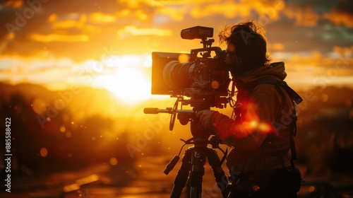 Silhouette of a filmmaker shooting at sunset with professional camera equipment, capturing golden hour light and scenic beauty © BoOm