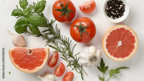 Fresh Ingredients: Tomatoes, Grapefruit, Herbs, and Spices on a White Background
