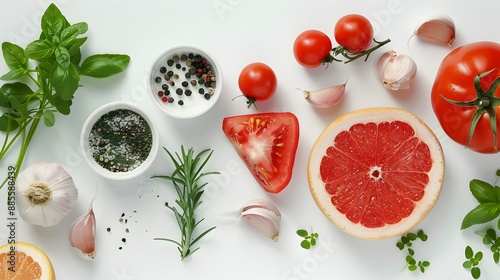 Fresh Ingredients: Tomatoes, Grapefruit, Herbs, and Spices on a White Background