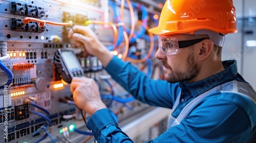 Network Engineer, Man in orange helmet adjusting equipment, High-Tech Environment