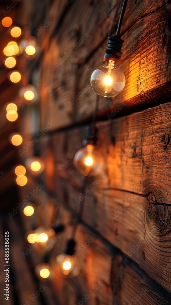 Fototapeta premium Warm, glowing string lights hanging against a rustic wooden wall create a cozy, inviting atmosphere perfect for holiday or celebration decor.