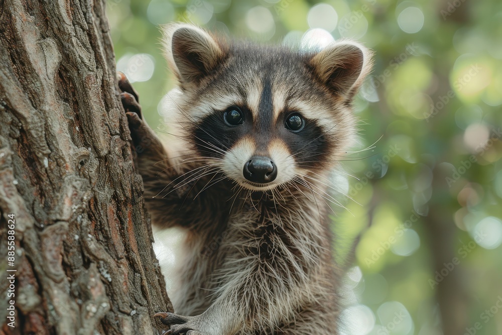 Baby Raccoon: A mischievous baby raccoon, climbing a tree in the backyard. Baby Raccoon: A mischievous baby raccoon, climbing a tree in the backyard.