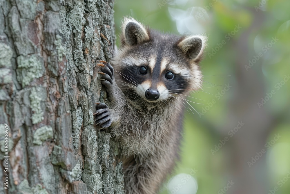 Baby Raccoon: A mischievous baby raccoon, climbing a tree in the backyard. Baby Raccoon: A mischievous baby raccoon, climbing a tree in the backyard.