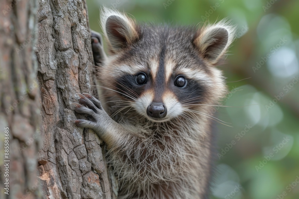 Baby Raccoon: A mischievous baby raccoon, climbing a tree in the backyard. Baby Raccoon: A mischievous baby raccoon, climbing a tree in the backyard.