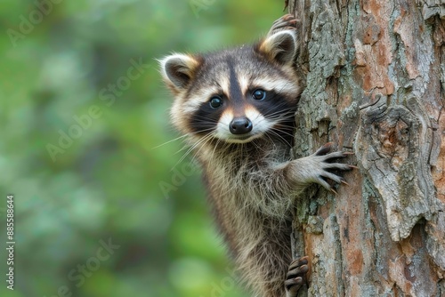 Baby Raccoon: A mischievous baby raccoon, climbing a tree in the backyard. 