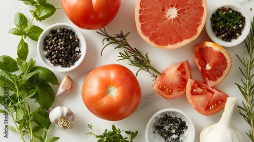 Fresh Ingredients: Tomatoes, Grapefruit, Herbs, and Spices on a White Background