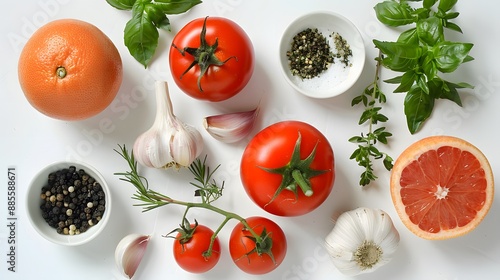 Fresh Ingredients: Tomatoes, Grapefruit, Herbs, and Spices on a White Background