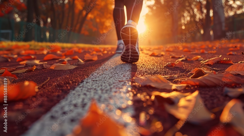 Feet of a runner in sports shoes on a track covered with autumn leaves during sunrise, symbolizing fitness and fall season. Feet of a runner in sports shoes on a track covered with autumn leaves during sunrise, symbolizing fitness and fall season.