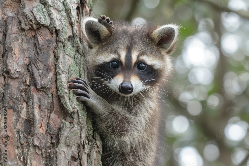 Baby Raccoon: A mischievous baby raccoon, climbing a tree in the backyard. Baby Raccoon: A mischievous baby raccoon, climbing a tree in the backyard.