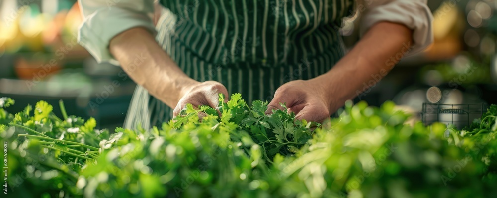 Close up of a chef's hands preparing fresh green herbs in a kitchen, showcasing culinary expertise and organic ingredients. Close up of a chef's hands preparing fresh green herbs in a kitchen, showcasing culinary expertise and organic ingredients.